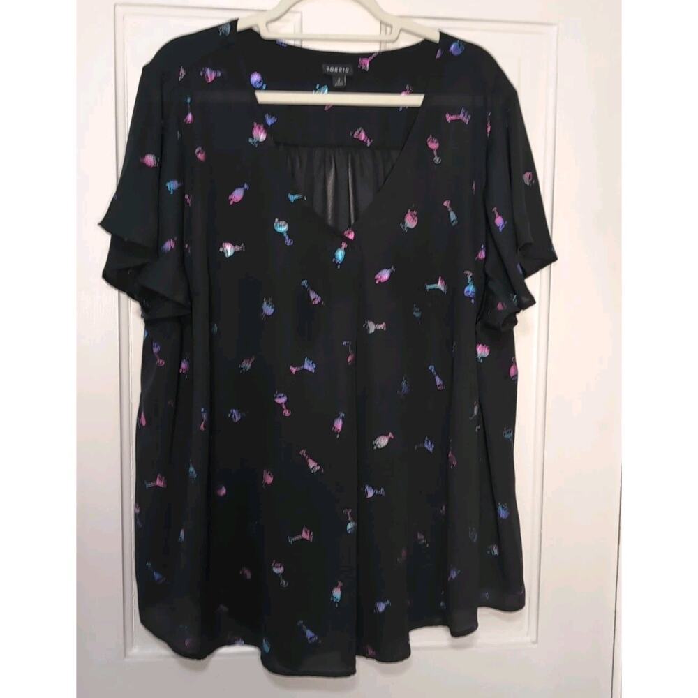 Torrid Black Cocktail Print Georgette Pleat Front Blouse Plus Women's 3(1126)